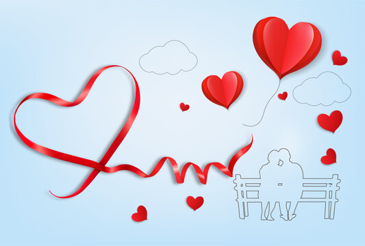 Happy Valentine's Day getting card  with a red heart shape ribbon and couple in love. Vector.