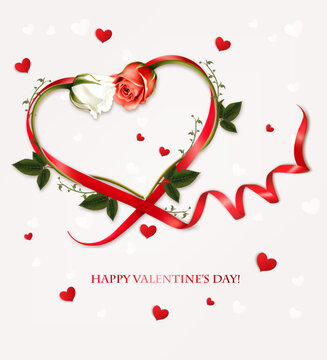 Happy Valentine's Day beautiful background with red and white roses and red heart shape ribbon Vector.