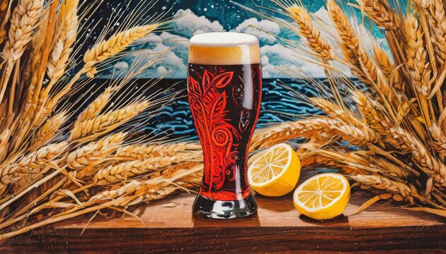 Picture of a ornamented beer glass and a wheat ornament around the edges for a summer environment, blue sea, sunset