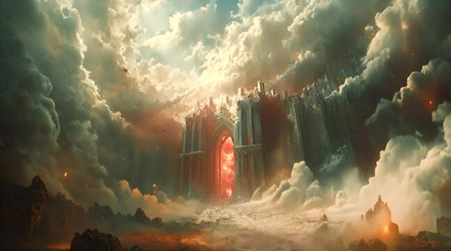View of the gates of heaven among the clouds as the fire of hell tries to break in