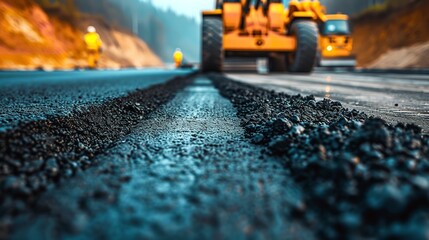 Using road construction resources, a worker is installing new asphalt road surface with space, Generative AI. - obrazy, fototapety, plakaty