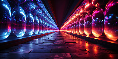 An electric tunnel of neon tubes illuminating the path, as if he had led into parallel rea