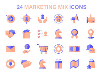 Marketing Mix icon set. Symbols represent strategic components like targeting, global reach, and customer service. Essentials for market planning. Flat vector icons.