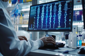Advanced Laboratory: Medical Scientist Typing on Keyboard Works on Computer Developing Vaccine, Drugs and Antibiotics. Screen Shows High-Tech Concept for DNA research. Focus on Screen and Hands 