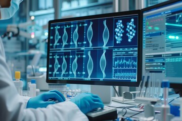 Advanced Laboratory: Medical Scientist Typing on Keyboard Works on Computer Developing Vaccine, Drugs and Antibiotics. Screen Shows High-Tech Concept for DNA research. Focus on Screen and Hands  - obrazy, fototapety, plakaty