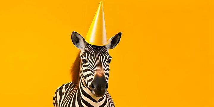 Zebra portrait with a birthday hat on yellow background 4K Video