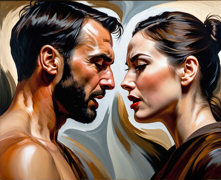 A woman and a man look at each other. there is a conflict and dispute between them.