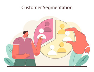 Customer Segmentation concept. A vibrant portrayal of market segmentation, highlighting the process of categorizing consumers for targeted strategies. A marketer segments for precision in outreach