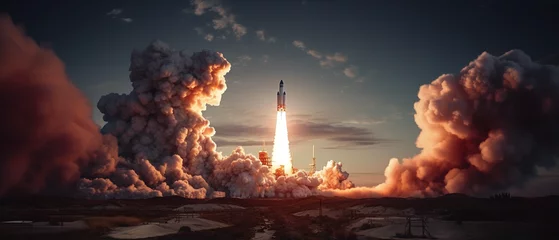 Fotobehang Rakete beim Start fliegt ins Weltall © GeekyArtLab