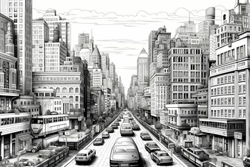 A bustling cityscape with skyscrapers and busy streets, line drawing, no background, no detail, no color.
