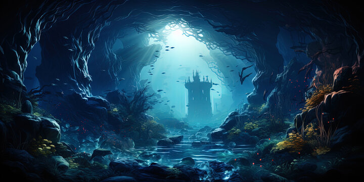 Azure depths: underwater world, shrouded in blue, like a magical ocean lands