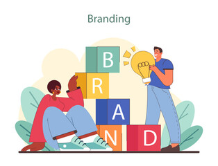 Branding essentials concept. Showcases building a brand identity with innovation and creativity as cornerstones. Visualizes brand development strategy for market impact. Flat vector illustration.