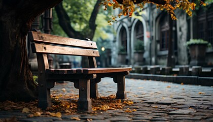 wooden bench in the park. Bench underneath a tree in an old European town. Bench on a pebble street surrounded by old architecture and foliage. Solitary bench with moody lightning