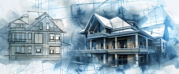 Illustration of modern houses and building plans with drawings, blueprints, and detailed sketches. Construction and architectural renderings of houses and buildings.