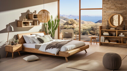 A bedroom with wooden furniture and delicate shades that muffle l