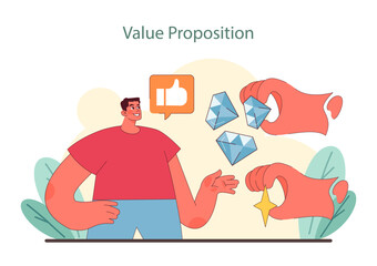 Value Proposition design. Illustrates the articulation of product benefits and brand promise, essential for capturing market attention in niche marketing. Flat vector illustration.