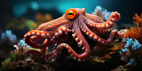 A bright octopus, with its unique colors, swims in the ocean surrounded by soft and beautiful cora