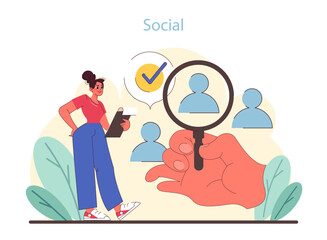 Social factor in PEST analysis. Marketer scrutinizing societal trends with demographic profiling. Social influence on business strategy. Flat vector illustration.