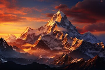 Himalayas. Mountain range at sunrise or sunset. Generative AI Art. Beautiful view. - obrazy, fototapety, plakaty