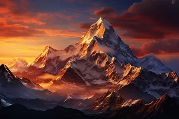 Gordijnen Himalayas. Mountain range at sunrise or sunset. Generative AI Art. Beautiful view. © Sci-Fi Agent