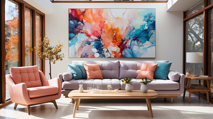 A bright rest room with a soft sofa and an abstract picture that fills the space with freshness an