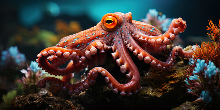 A bright octopus, with its unique colors, swims in the ocean surrounded by soft and beautiful cora