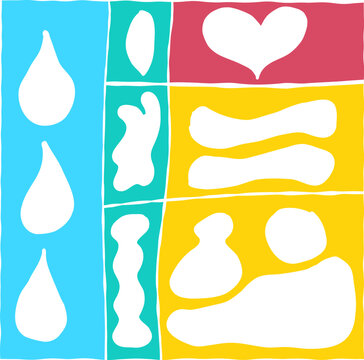 Handgezeichnete Schablonen, Überlagerungen und Scherenschnitte in verschiedenen Farben und mit verschiedenen Formen - Herz, Tropfen und andere organische Formen
