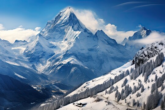 Himalayas. Mountains covered with snow. Generative AI Art. Beautiful view.
