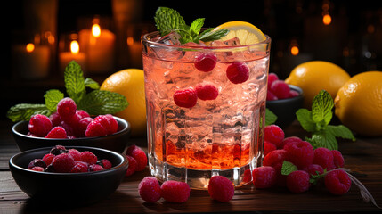 A colorful cocktail in glassware, with red berries and lemon, reminds of the summer carnival in ev - obrazy, fototapety, plakaty