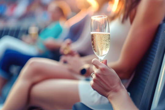 Relaxed people with glasses of sparkling wine enjoy sport match sitting in comfortable VIP zone. Cheerful fans savor exciting atmosphere