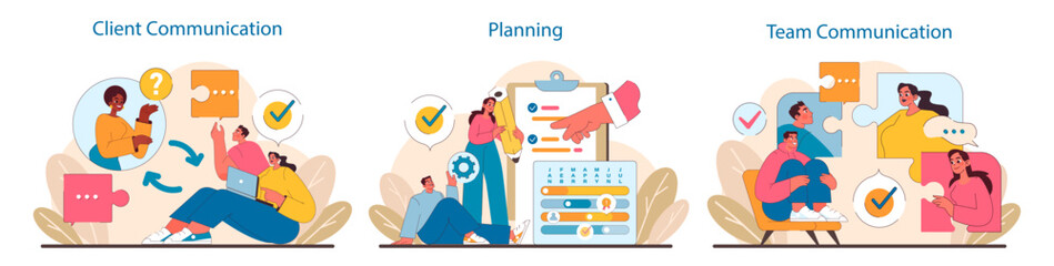 Client and team interaction set. Dynamic exchange with clients, project planning, and internal communication. Visual guide for effective IT project management. Flat vector illustration.