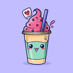 Cute ice cream cup with boba topping cartoon illustration