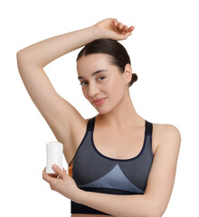 Beautiful woman applying deodorant on white background