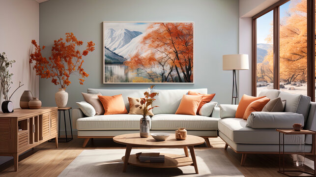 A cozy living room with a soft sofa and a bright picture on the wall, creating the atmosphere of h