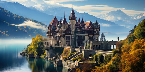 Naklejka premium A fairy tale lock, majestically flew on a mountain, surrounded by beautiful forests, invites to an
