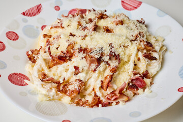 A plate of Spaghetti with Parmesan and bacon.