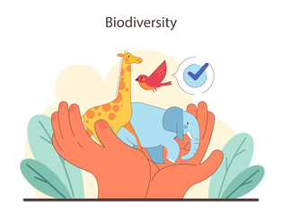 Earth's biological variety. Hands Cherishing diverse animal species. Balanced ecosystem, nature conservation and vitality. Flat vector illustration