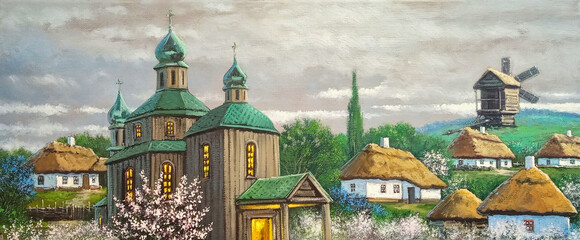 Easter card, Easter, holiday panorama, old church in the old village, spring landscape. Oil paintings rural landscape, artwork, fine art - 733865075