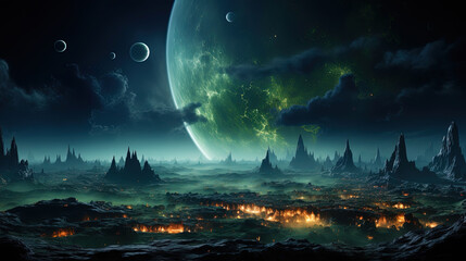 A huge planet, on the surface of which luminous plants grow, creating enchanting light in the d