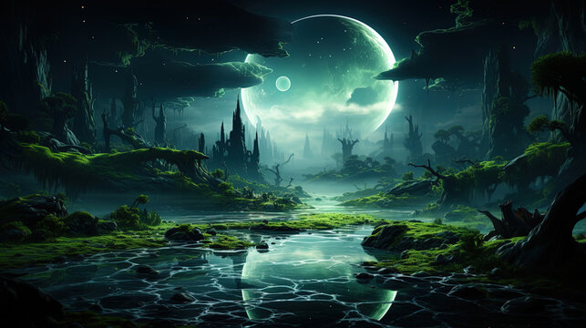 A huge planet, on the surface of which luminous plants grow, creating enchanting light in the