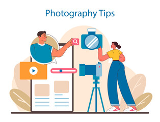 Creative Photography concept. Enhancing visual storytelling through camera techniques and composition. Sharing expertise in digital imagery. Flat vector illustration.