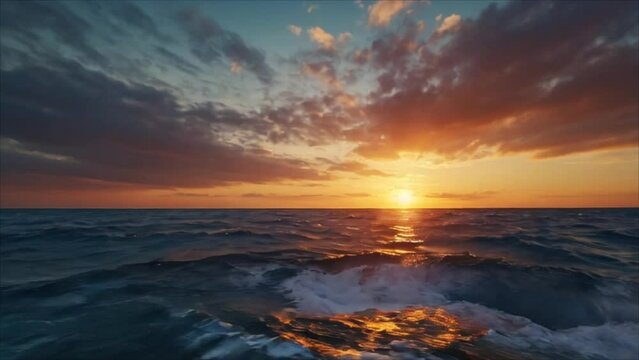 Video, waves in the sea at sunset. AI generative. The video shows waves moving in the sea at sunset.