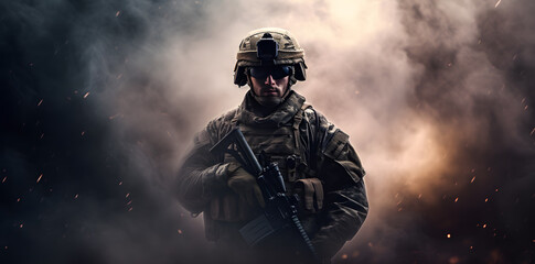 Special operations forces soldier in military ammunition covered with smoke. Concept of defense, war, weapons and protection - obrazy, fototapety, plakaty
