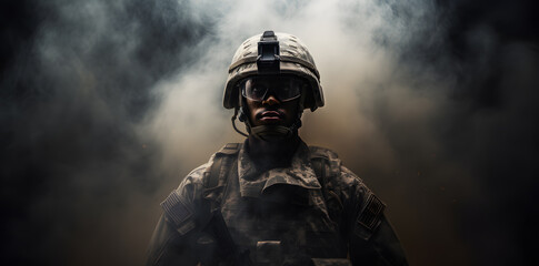 Special operations forces soldier in military ammunition covered with smoke. Concept of defense, war, weapons and protection