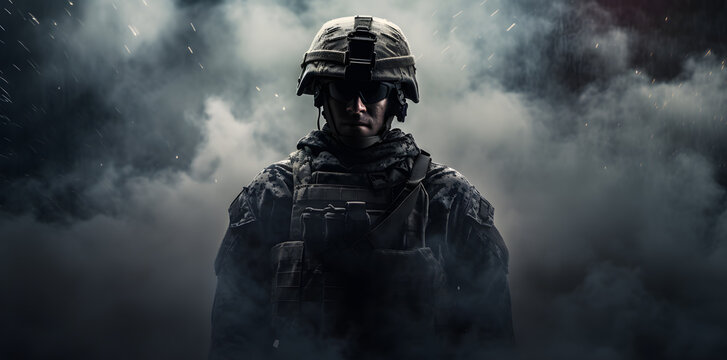 Special operations forces soldier in military ammunition covered with smoke. Concept of defense, war, weapons and protection