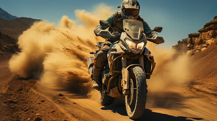 A motorcycle in a jump, raising dust on the highway, demonstrating the courage and extreme approac