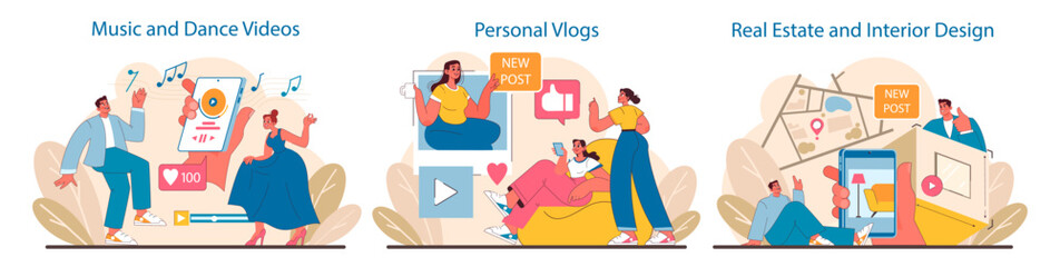 Engagement in social media through music, personal vlogging, and interior design. Representation of online expression and sharing. Digital communities with creativity. Flat vector illustration.