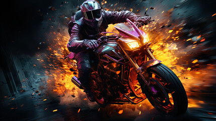 A mystical rider, in complete darkness outside the city, on a motorcycle with neon lighting, creat