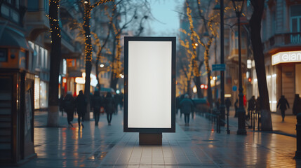 Blank mock up of vertical Billboard on Street at Night , background of a city street in the evening, copy space