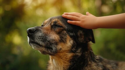 A child's hand strokes the dog's head. The concept of friendship or love and care for animals.